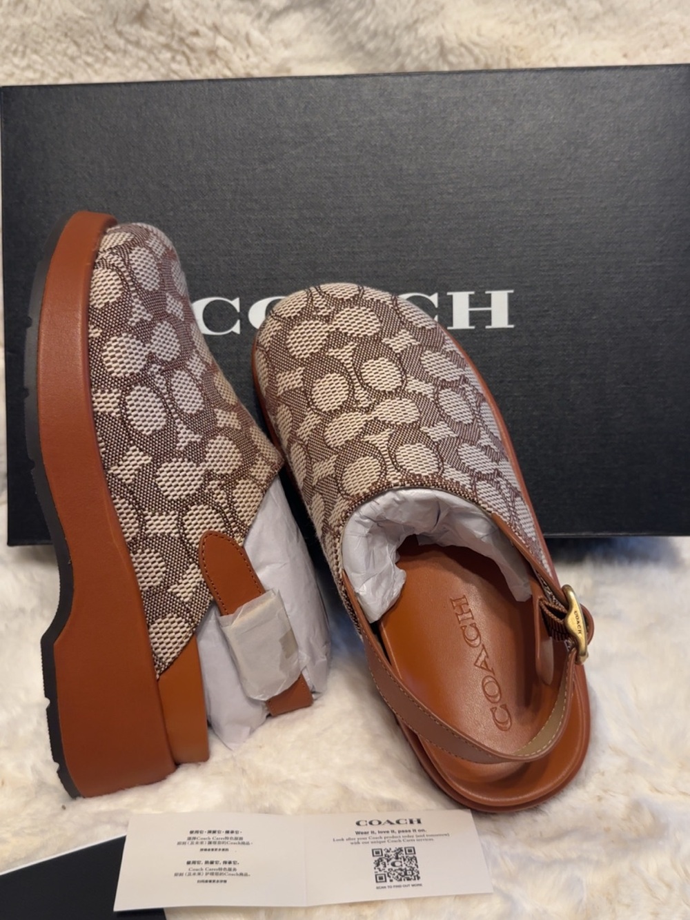 Coach Brown Signature Jacquard Slingback Clog Mules